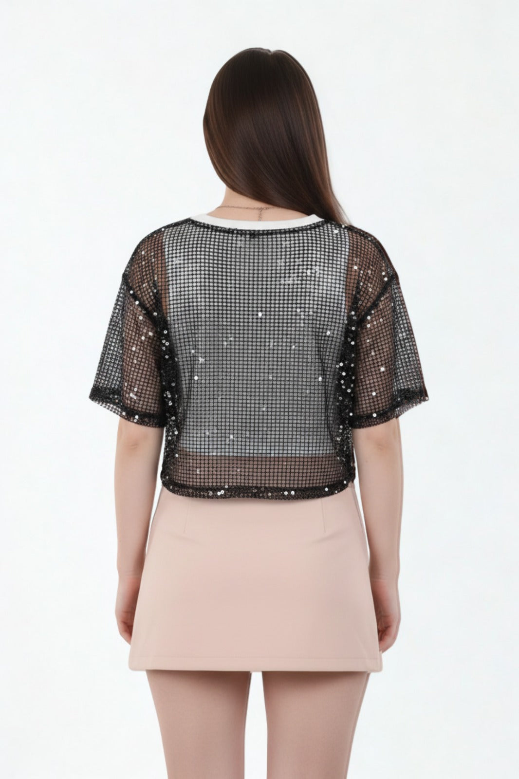 Black Sequined Mesh Double - Layer Top