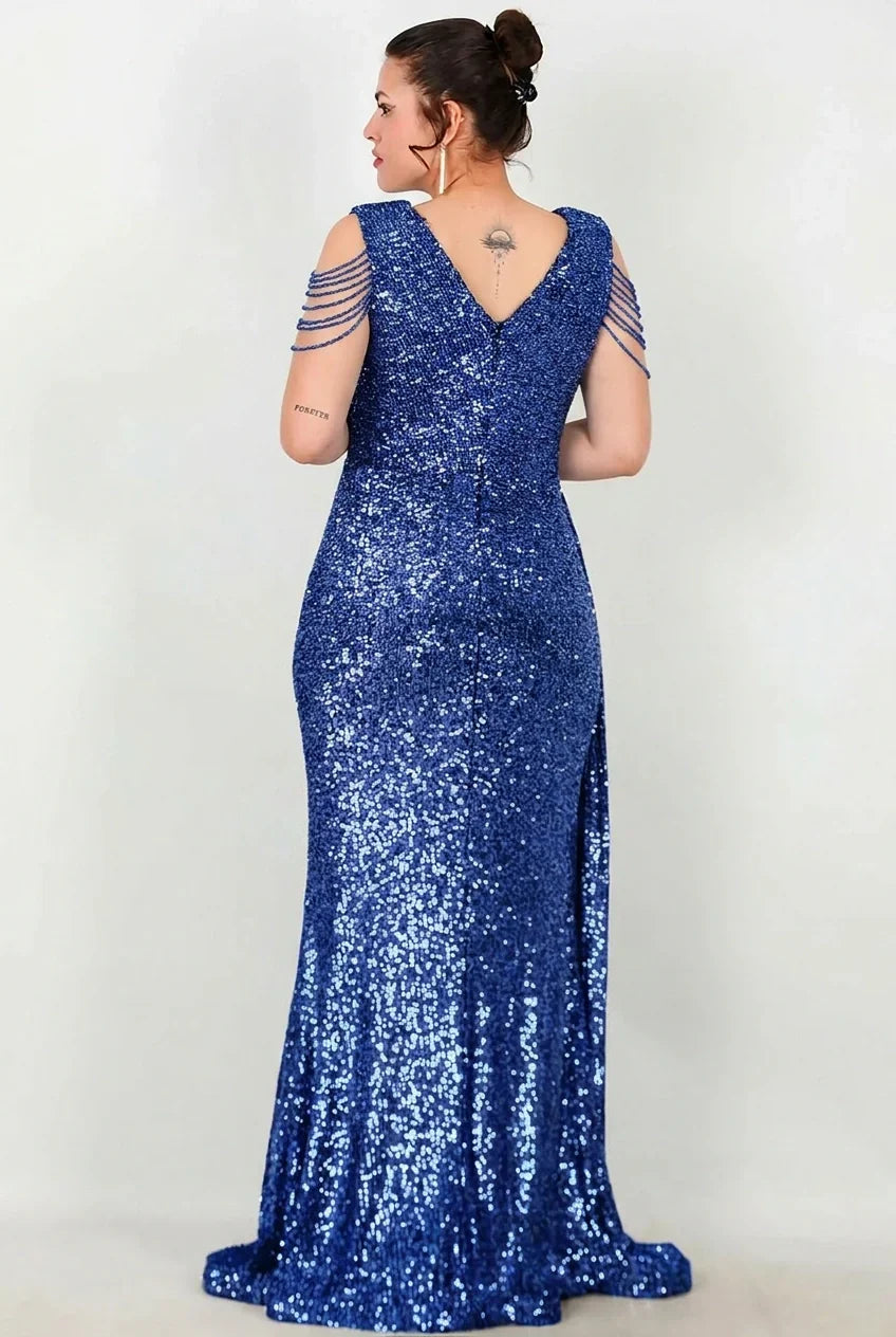 Plus - Size Long Sequin Dress With Shoulder Chain — Royal Blue
