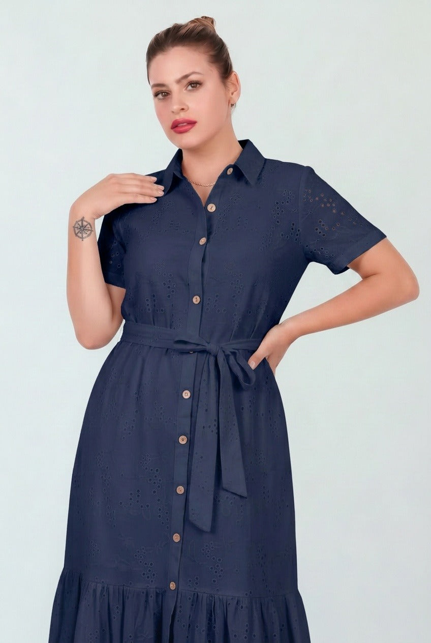 Plus - Size Navy Button - Through Shirt Dress, Short Sleeves
