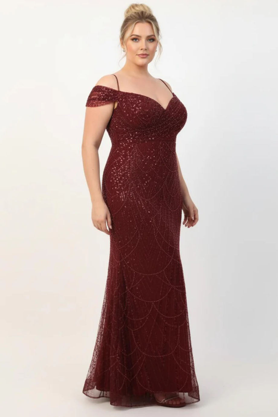 Plus - Size Off - Shoulder Beaded Evening Dress — Burgundy
