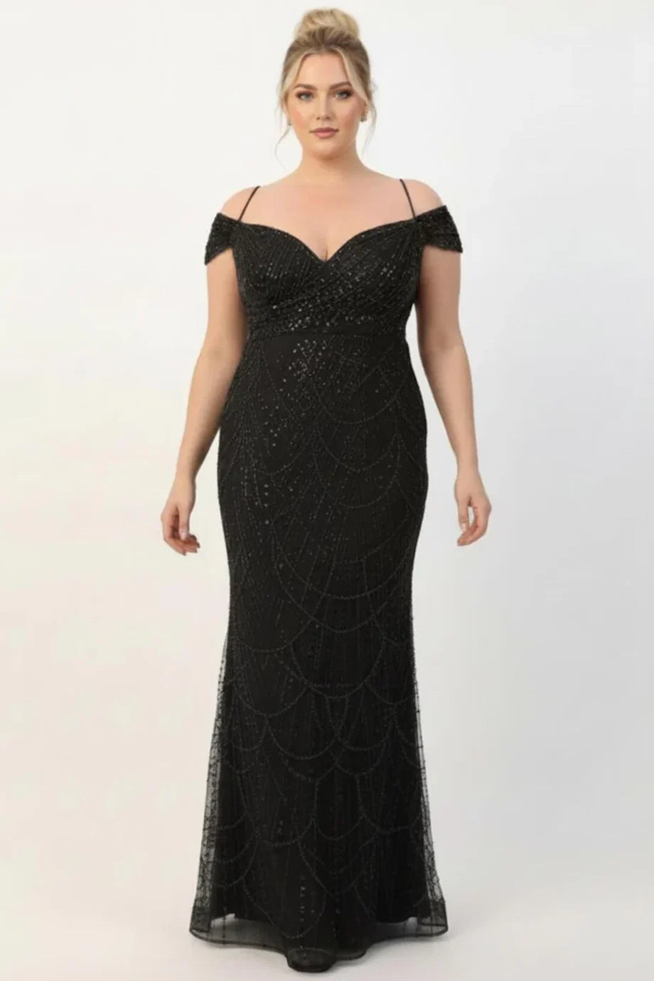 Plus - Size Off - Shoulder Beaded Gown, Black
