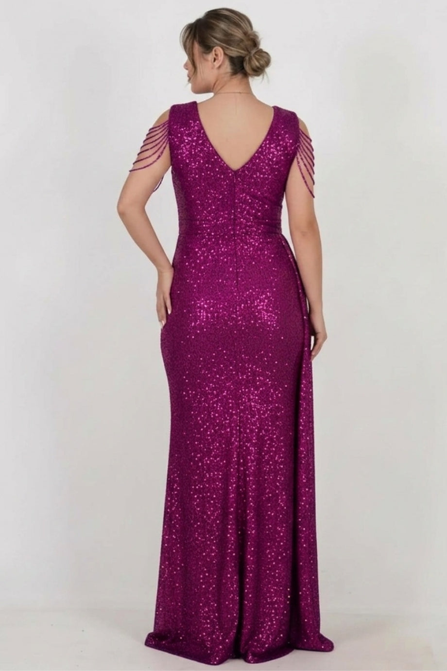 Plus - Size Fuchsia Sequin Evening Dress With Shoulder Chain