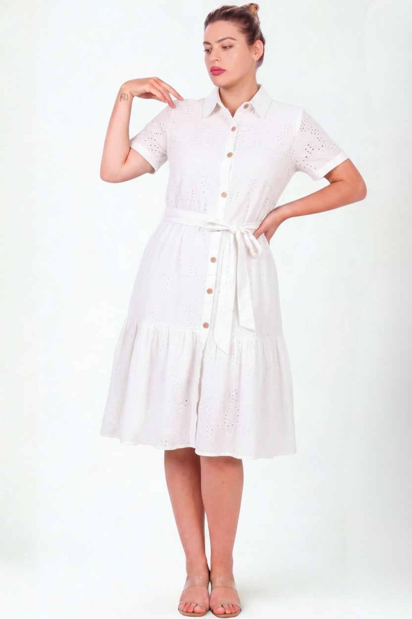 Plus - Size White Button - Through Shirt Dress, Short Sleeves