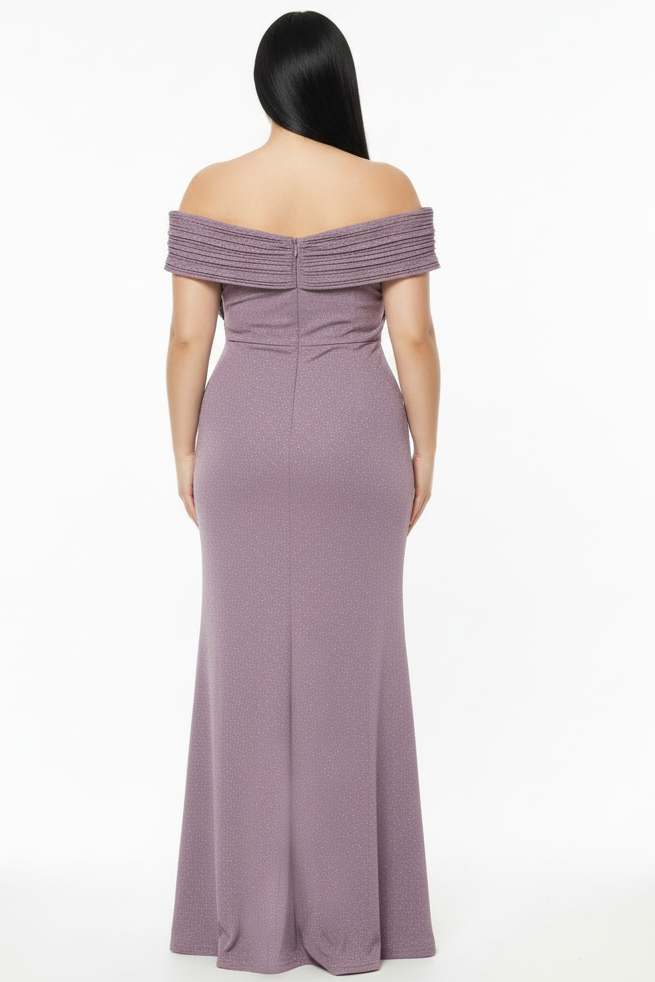 Plus - Size Lilac Pleated - Neck Long Gown With Slit